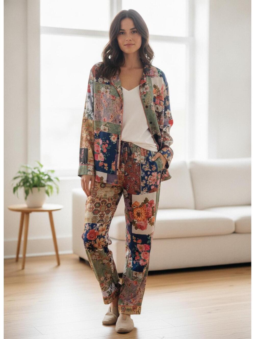 Tolani Collection Patchwork Floral Pajama Set Satin Shirt & Pants Size L